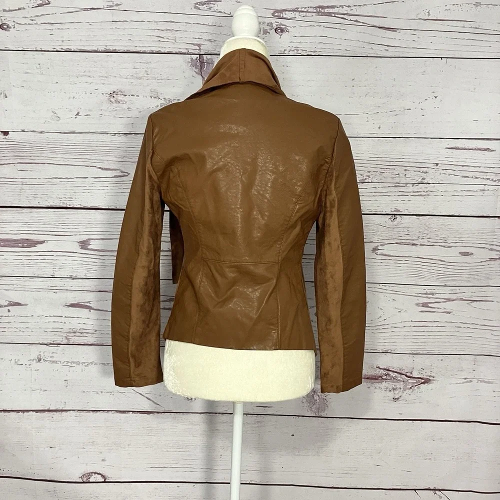 BLANKNYC Leather Jacket Womens Sz Small Brown Draped Moto‎ Asymmetrical Zip